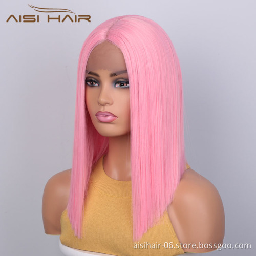 Aisi Hair Medium Long 16 Inch Cosplay Pink Wig Front Lace Wig Silky Straight Synthetic Lace Frontal Hair Wigs For Black Women
